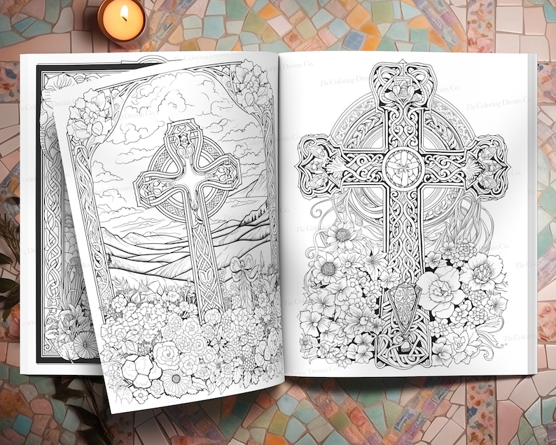 Puede incluir: Un libro para colorear con dos p&aacute;ginas que muestran intrincados dise&ntilde;os de cruces celtas. Una p&aacute;gina presenta una cruz con un fondo de paisaje, mientras que la otra p&aacute;gina muestra una cruz rodeada de flores.