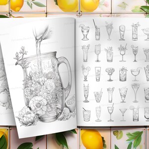 May include: A black and white illustration of a pitcher filled with flowers and a variety of cocktail glasses. The pitcher is being poured into from the top.