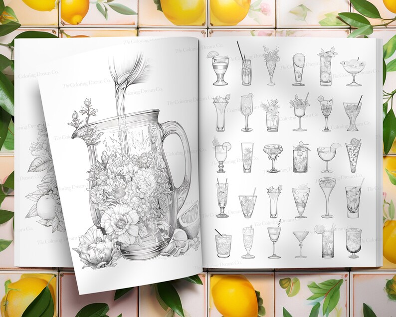 May include: A black and white illustration of a pitcher filled with flowers and a variety of cocktail glasses. The pitcher is being poured into from the top.