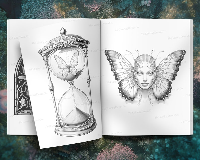 May include: A black and white illustration of an hourglass with a butterfly inside. The hourglass is decorated with flowers. On the right side of the page is a black and white illustration of a woman with butterfly wings.
