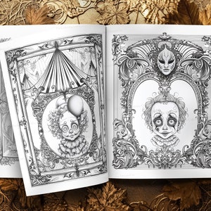 May include: Two black and white illustrations of clowns in ornate frames. The first clown is wearing a hat and holding a balloon. The second clown is wearing a mask and has a sad expression.