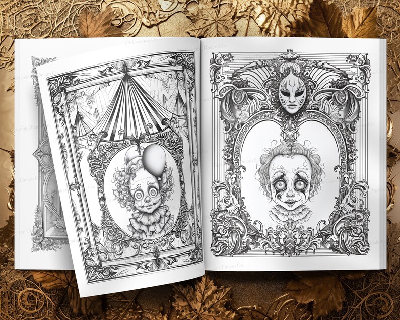 May include: Two black and white illustrations of clowns in ornate frames. The first clown is wearing a hat and holding a balloon. The second clown is wearing a mask and has a sad expression.