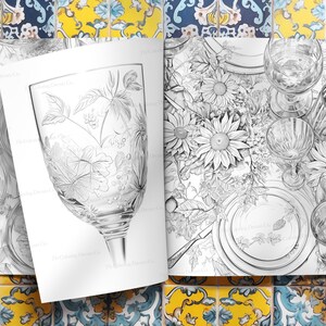 May include: A black and white illustration of a table setting with sunflowers, plates, and glasses. The illustration is drawn in a realistic style.