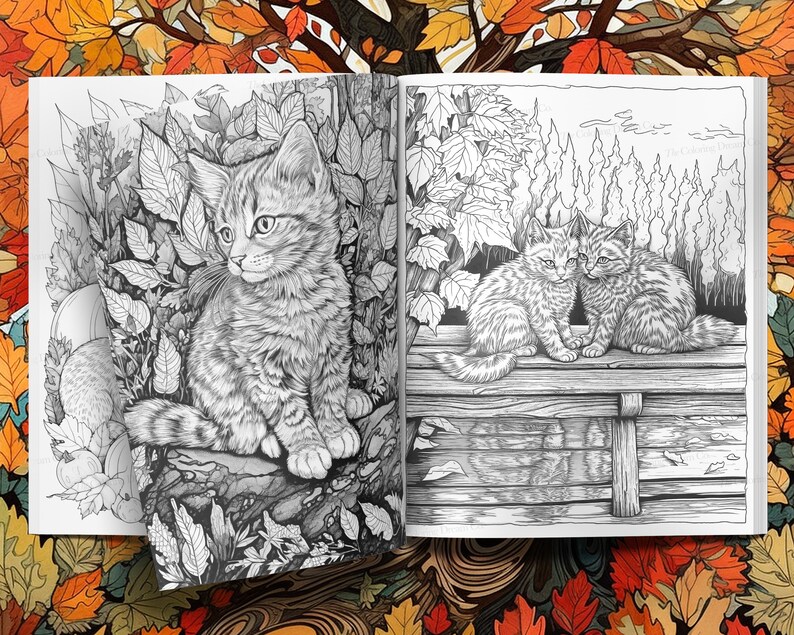 May include: A colouring book page featuring two cats sitting on a wooden fence. The cat on the left is looking to the right, while the cat on the right is looking straight ahead. The background features a woodland scene with trees and leaves.