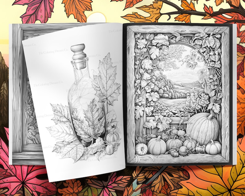 K&ouml;nnte beinhalten: Eine Schwarzwei&szlig;illustration einer Glasflasche mit einem Korkverschluss, umgeben von Bl&auml;ttern. Die Flasche steht auf einem Tisch mit ein paar kleinen K&uuml;rbissen. Das zweite Bild zeigt eine Schwarzwei&szlig;illustration eines Fensters mit Blick auf ein Feld und einen K&uuml;rbis, der auf einer Kante sitzt.