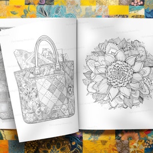 Libro da colorare con motivo patchwork, pagina da colorare unica, sollievo dallo stress, pagina da colorare stampabile, PDF stampabile, pagine da colorare per bambini adulti immagine 4