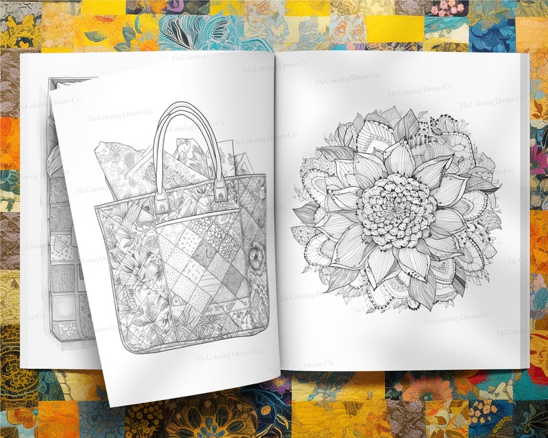 Libro da colorare con motivo patchwork, pagina da colorare unica, sollievo dallo stress, pagina da colorare stampabile, PDF stampabile, pagine da colorare per bambini adulti immagine 4