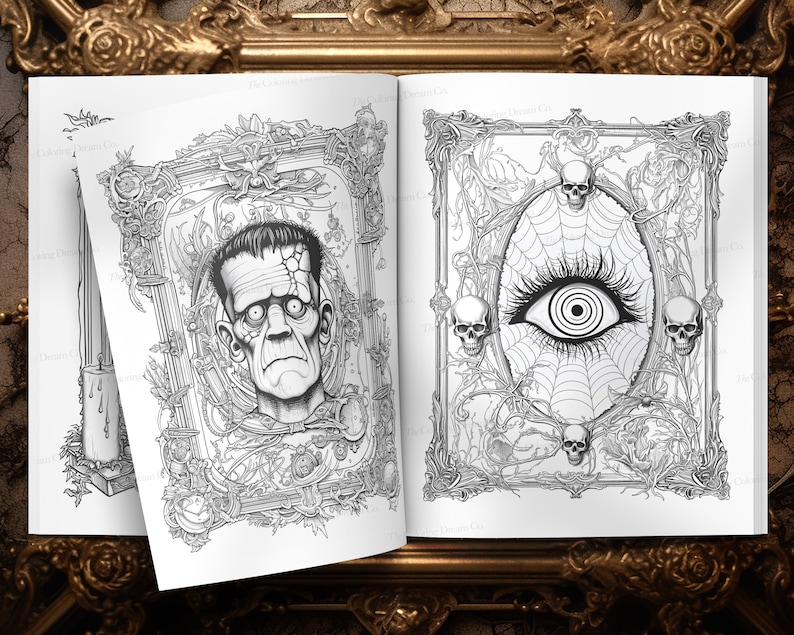 May include: A black and white coloring book with two pages open. The left page features a detailed illustration of Frankenstein's monster in a frame surrounded by vines. The right page features a large eye with eyelashes and a spiderweb, surrounded by skulls.
