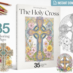 Puede incluir: Una portada de libro para colorear que presenta una ilustraci&oacute;n detallada de una cruz celta con dise&ntilde;os florales. El t&iacute;tulo "The Holy Cross" est&aacute; impreso en la portada, junto con el texto "35 Coloring Pages".