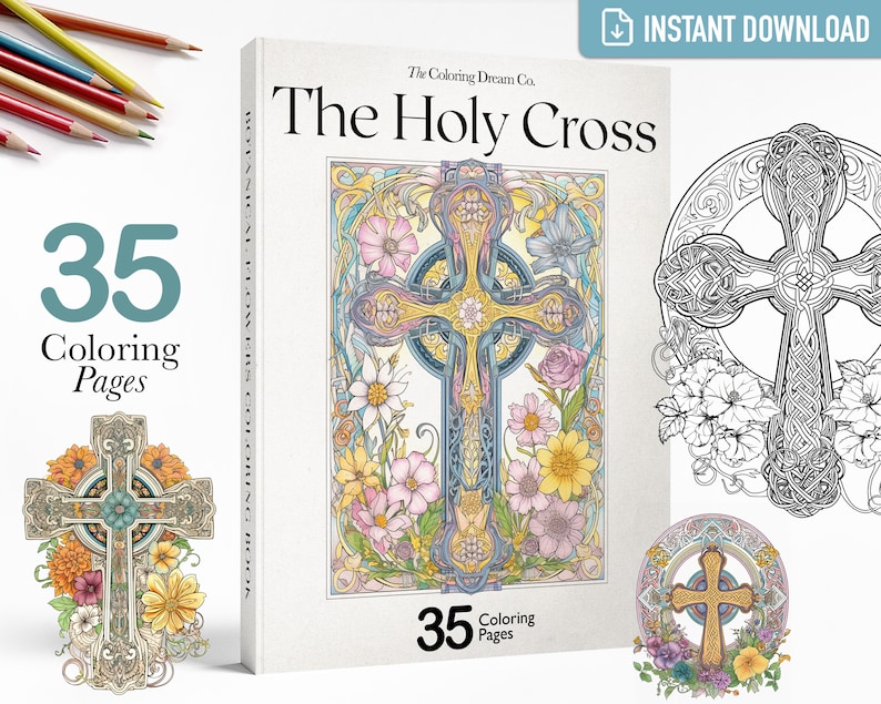 Puede incluir: Una portada de libro para colorear que presenta una ilustraci&oacute;n detallada de una cruz celta con dise&ntilde;os florales. El t&iacute;tulo "The Holy Cross" est&aacute; impreso en la portada, junto con el texto "35 Coloring Pages".