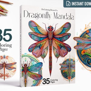 Dragonfly Mandala Coloring Book, Dragonfly Coloring Page, Printable Coloring Pages, Printable PDF, Adults Kids Coloring Pages, Grayscale