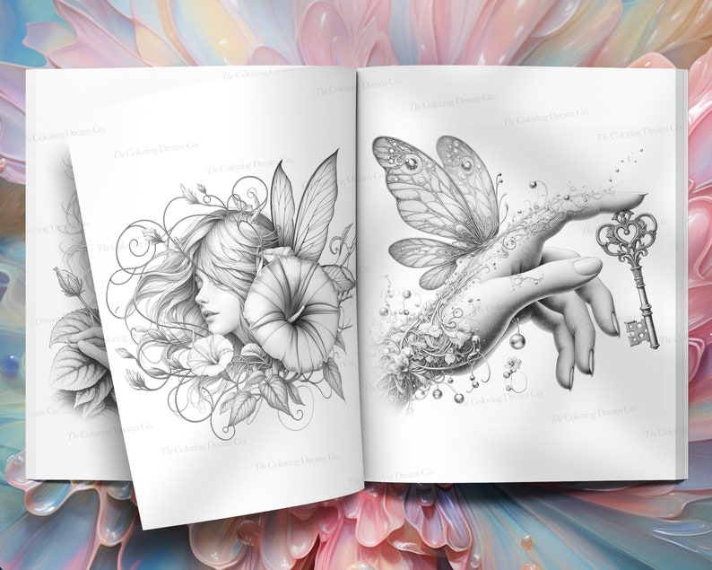 May include: Two black and white illustrations in a coloring book. The first illustration is of a fairy with wings and flowers. The second illustration is of a hand with a butterfly and a key.
