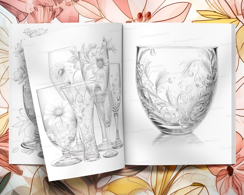 May include: A black and white illustration of a set of five etched glass goblets with floral designs. The goblets are arranged in a row, with the largest goblet in the center. The goblets are all different shapes and sizes.