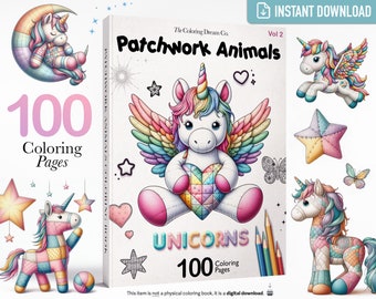 Patchwork Unicorns Coloring Book: 100+ Pages Cute Animals, Unique Coloring Page, Stress Relief, Printable PDF, Adults Kids Coloring Pages