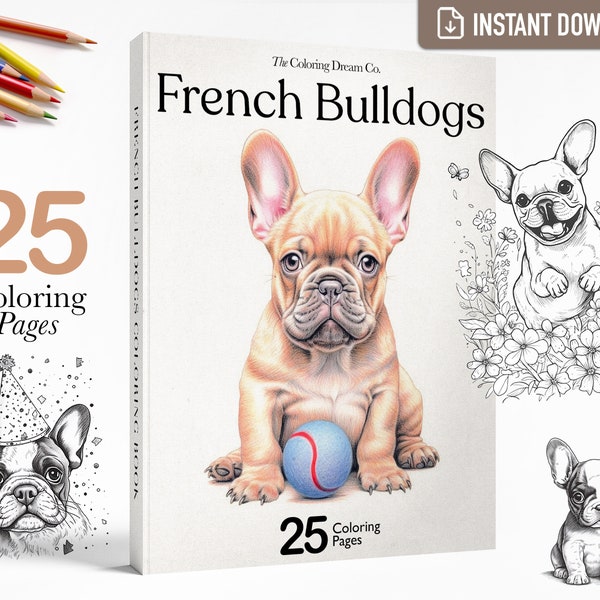 Franse Bulldog kleurboek, Frenchies, afdrukbare kleurplaten, afdrukbare PDF, volwassenen kinderen kleurplaten, grijswaarden, Instant Download