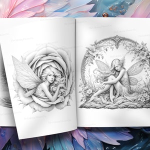 May include: A coloring book page featuring two black and white illustrations of fairies. The first fairy is sitting inside a large rose. The second fairy is sitting on a rock surrounded by flowers and vines.