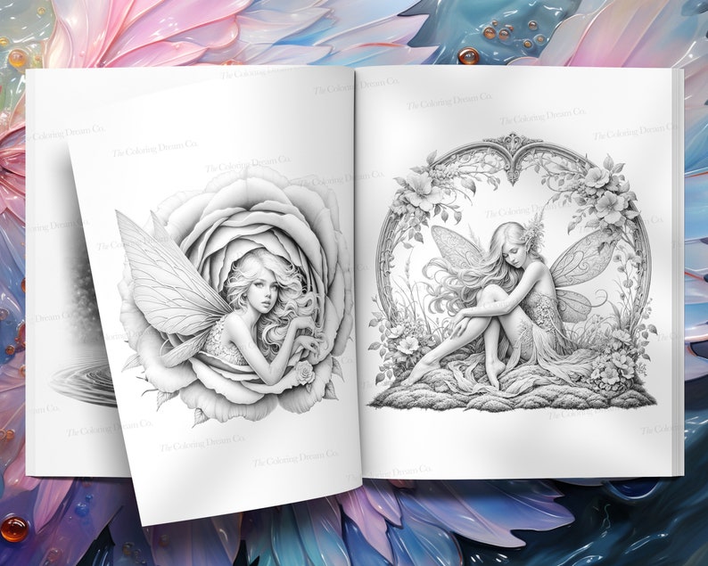 May include: A coloring book page featuring two black and white illustrations of fairies. The first fairy is sitting inside a large rose. The second fairy is sitting on a rock surrounded by flowers and vines.