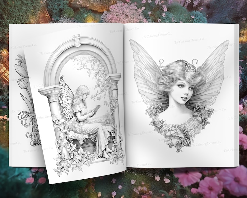 May include: Two pages from a coloring book featuring detailed illustrations of fairies. The first page shows a fairy sitting on a stone bench reading a book, surrounded by vines and flowers. The second page shows a fairy with large wings and a crown, surrounded by roses.