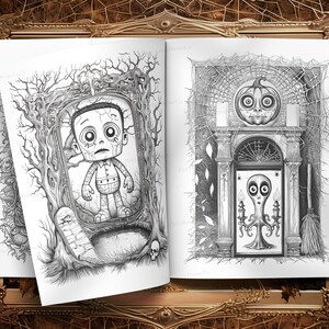 May include: A black and white coloring book with two illustrations. The first illustration is of a Frankenstein-like monster standing in a mirror. The second illustration is of a spooky door with a pumpkin above it.