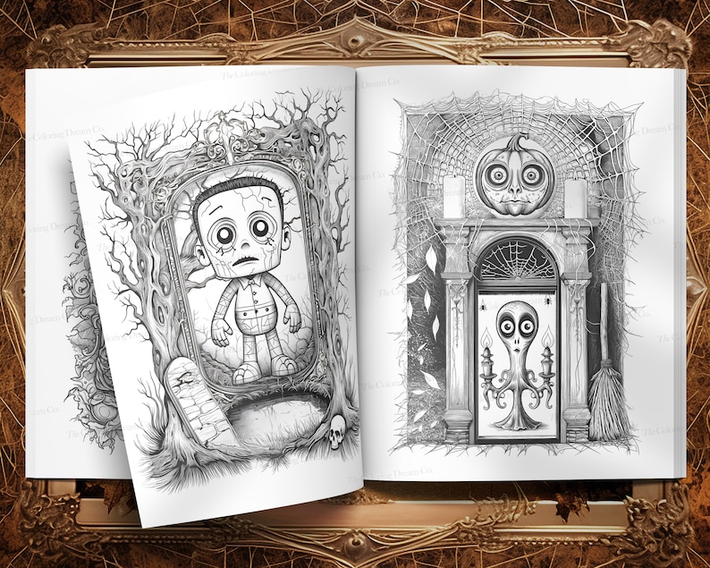 May include: A black and white coloring book with two illustrations. The first illustration is of a Frankenstein-like monster standing in a mirror. The second illustration is of a spooky door with a pumpkin above it.
