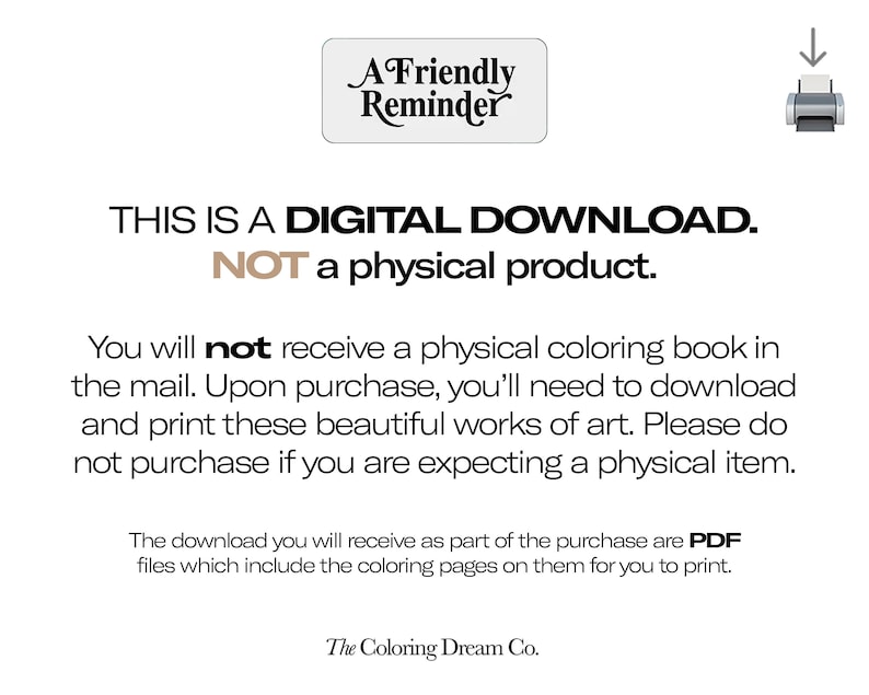 May include: A digital download reminder graphic with the text "THIS IS A DIGITAL DOWNLOAD. NOT a physical product." and a printer icon. The text explains that the product is a digital download and not a physical item.