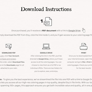 May include: Download instructions for a digital coloring book. The instructions explain how to download a PDF file from Etsy, access the coloring pages on Google Drive, and print the pages.