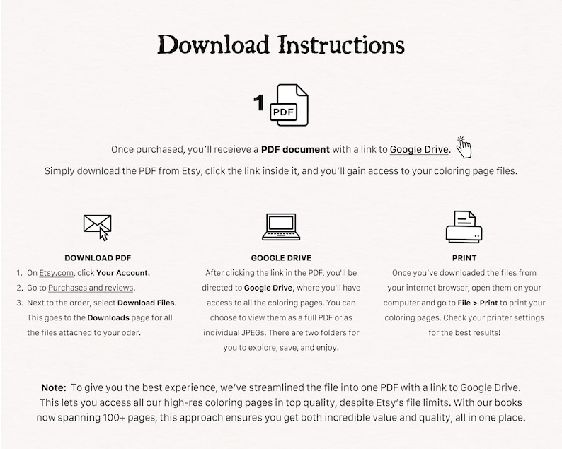 May include: Download instructions for a digital coloring book. The instructions explain how to download a PDF file from Etsy, access the coloring pages on Google Drive, and print the pages.