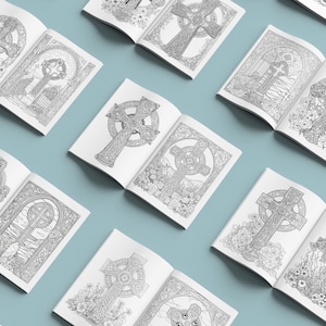 Puede incluir: Una colecci&oacute;n de p&aacute;ginas para colorear con intrincados dise&ntilde;os de cruces celtas. Cada p&aacute;gina muestra un dise&ntilde;o de cruz diferente con patrones detallados y elementos florales.