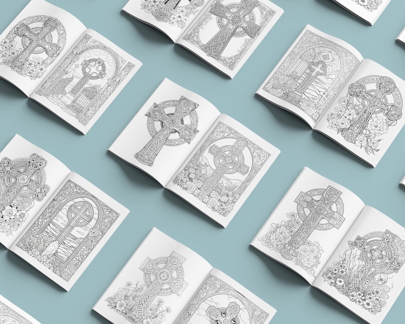Puede incluir: Una colecci&oacute;n de p&aacute;ginas para colorear con intrincados dise&ntilde;os de cruces celtas. Cada p&aacute;gina muestra un dise&ntilde;o de cruz diferente con patrones detallados y elementos florales.