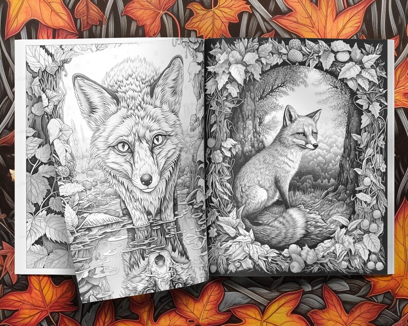 May include: A black and white colouring book page featuring two foxes. One fox is standing in a stream of water, while the other is sitting on a log in a woodland setting. The page is surrounded by intricate details of leaves and vines.