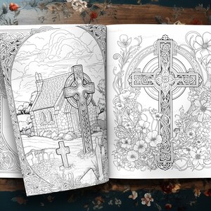 Puede incluir: Una p&aacute;gina de libro para colorear en blanco y negro con dos cruces celtas. Una cruz est&aacute; en un campo con una peque&ntilde;a iglesia de piedra y un cementerio. La otra cruz est&aacute; rodeada de flores.