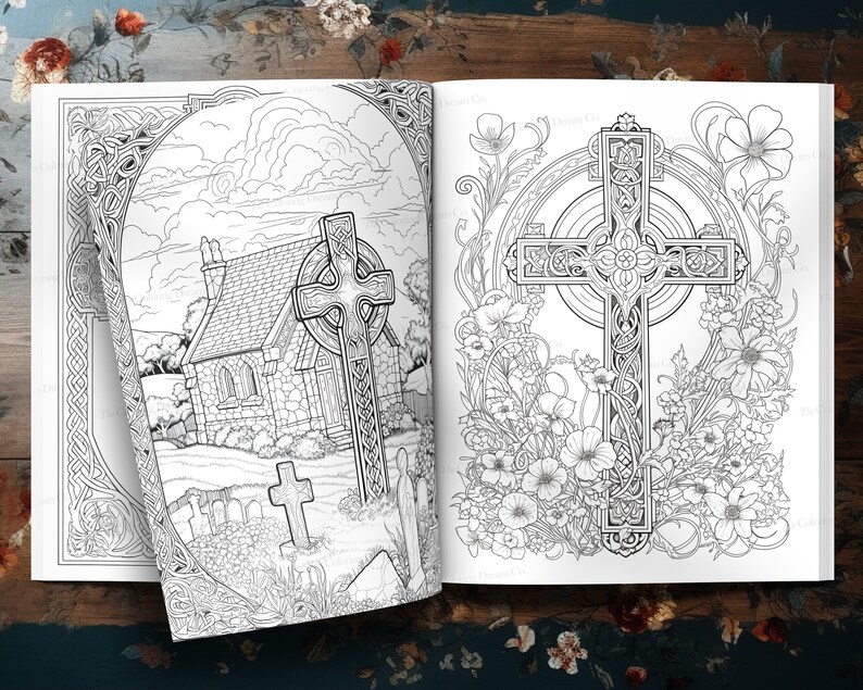Puede incluir: Una p&aacute;gina de libro para colorear en blanco y negro con dos cruces celtas. Una cruz est&aacute; en un campo con una peque&ntilde;a iglesia de piedra y un cementerio. La otra cruz est&aacute; rodeada de flores.