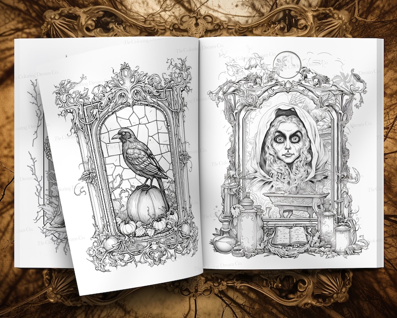 May include: Two black and white illustrations in an open book. The left page features a crow perched on a pumpkin with other pumpkins and vines. The right page features a woman with long hair wearing a hooded cloak and standing in front of a cauldron.
