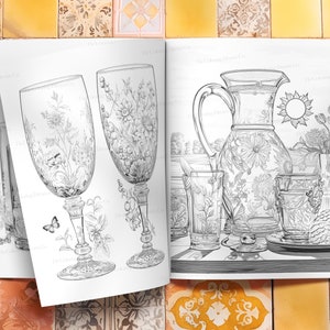 May include: A black and white illustration of a pitcher and glasses with floral designs. The pitcher has a handle and a spout. The glasses are tall and slender. The illustration is on a white background.