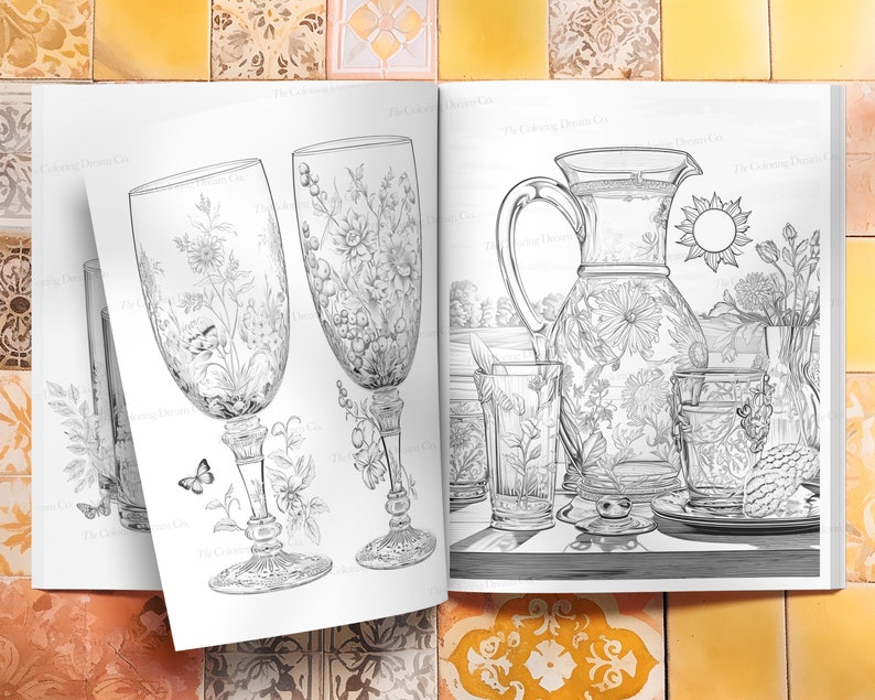 May include: A black and white illustration of a pitcher and glasses with floral designs. The pitcher has a handle and a spout. The glasses are tall and slender. The illustration is on a white background.