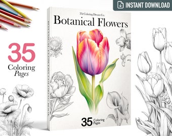 Botanical Flowers Coloring Book, Beautiful Flowers Coloring Page, Printable Coloring Page, Printable PDF, Adults Kids Coloring Pages