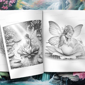 May include: A black and white illustration of two fairies sitting on lily pads in a pond. The fairies have wings and are wearing dresses. The pond is surrounded by lily pads and other plants.
