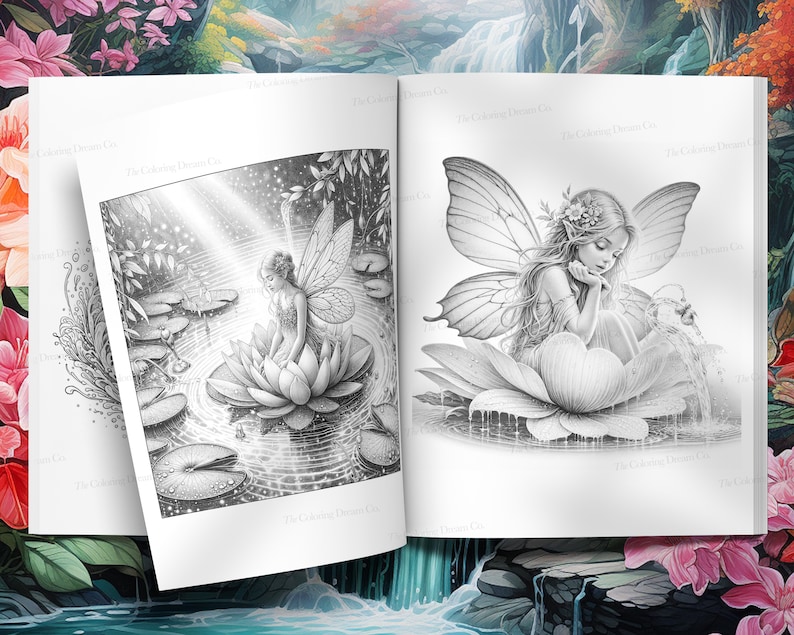 May include: A black and white illustration of two fairies sitting on lily pads in a pond. The fairies have wings and are wearing dresses. The pond is surrounded by lily pads and other plants.