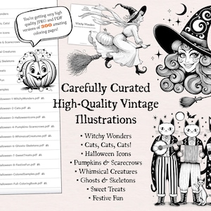 May include: A set of 300 black and white vintage Halloween illustrations. The illustrations include a witch on a broomstick, cats, pumpkins, scarecrows, ghosts, skeletons, and more. The illustrations are perfect for creating Halloween crafts, cards, and decorations.