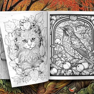 May include: A black and white colouring book page featuring a cat peeking out from behind leaves and a bird perched on a branch with apples. The bird is surrounded by a decorative frame.