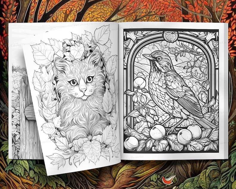 May include: A black and white colouring book page featuring a cat peeking out from behind leaves and a bird perched on a branch with apples. The bird is surrounded by a decorative frame.