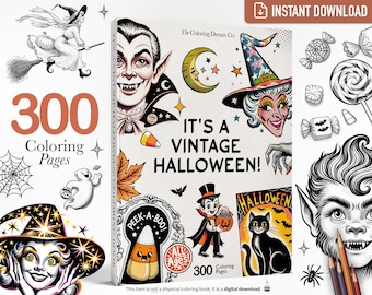 300 pagine! Libro da colorare retrò vintage di Halloween, PDF stampabile, bambini e adulti, pagina da colorare per feste autunnali, spettrale magia stregata