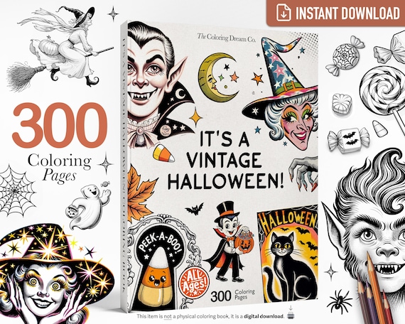 300 Pages! Retro Vintage Halloween Coloring Book, Printable PDF, Kids & Adults, Fall Autumn Party Coloring Page, Spooky Haunted Witch Magic