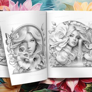 May include: A black and white coloring book page featuring two illustrations of women with flowers and butterflies. The women have long flowing hair and are surrounded by delicate floral designs. One woman is framed by a circular border.