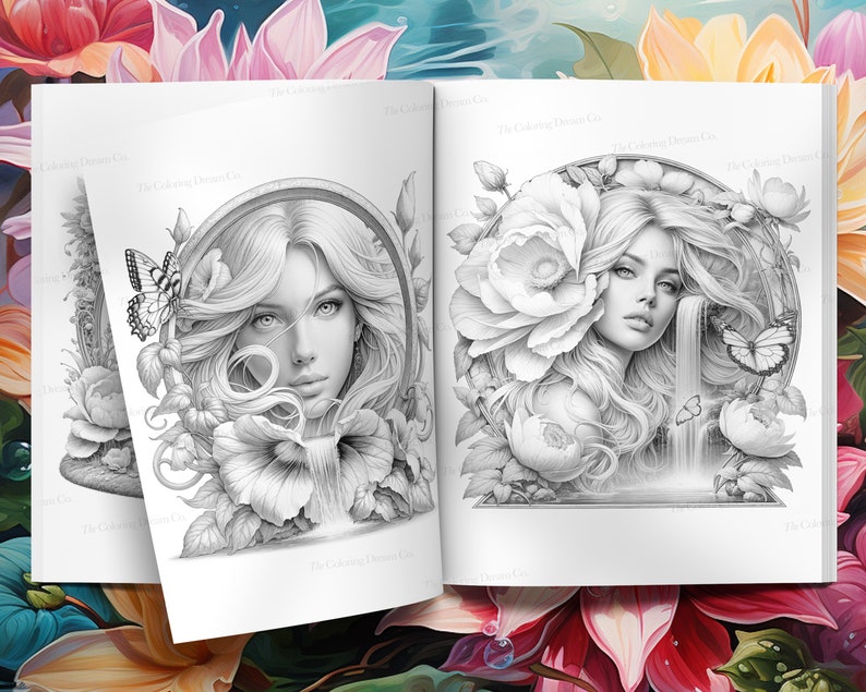 May include: A black and white coloring book page featuring two illustrations of women with flowers and butterflies. The women have long flowing hair and are surrounded by delicate floral designs. One woman is framed by a circular border.