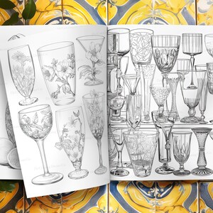 May include: A black and white illustration of a variety of glassware, including wine glasses, champagne flutes, and cocktail glasses. The glasses are arranged in rows on a shelf.