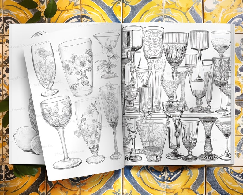 May include: A black and white illustration of a variety of glassware, including wine glasses, champagne flutes, and cocktail glasses. The glasses are arranged in rows on a shelf.