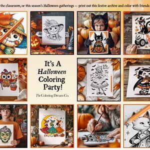 May include: A collection of printable Halloween coloring pages featuring various characters, including a scarecrow, an owl, a witch, a vampire, a cat, and a goblin. The pages are designed for children and adults to color and enjoy the festive spirit of Halloween.