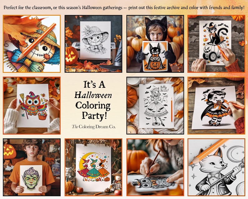 May include: A collection of printable Halloween coloring pages featuring various characters, including a scarecrow, an owl, a witch, a vampire, a cat, and a goblin. The pages are designed for children and adults to color and enjoy the festive spirit of Halloween.