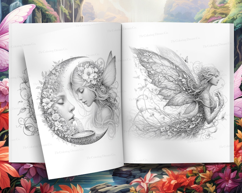 May include: Two black and white illustrations of fairies in a coloring book. The first fairy is nestled in a crescent moon shape with flowers and vines. The second fairy has large wings made of leaves and vines.
